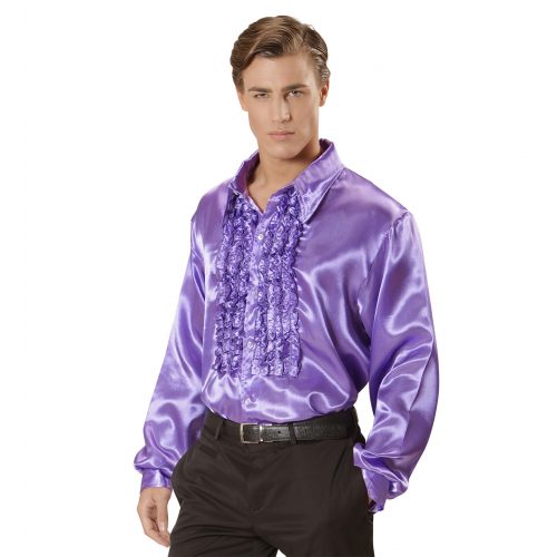 disko fialová saténová volánová košile