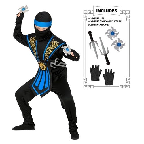chlapecký kostým ninja černo-modrý se zbraněmi