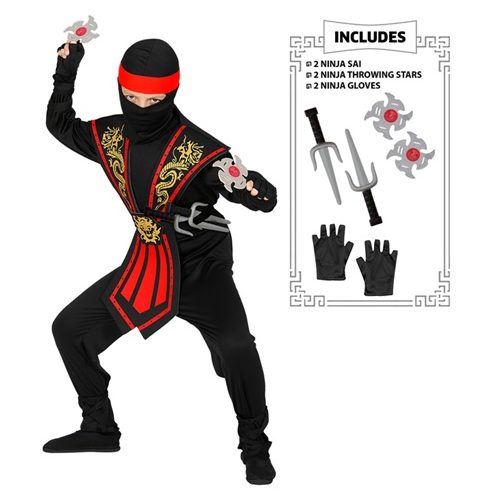 chlapecký kostým ninja černo-červený se zbraněmi